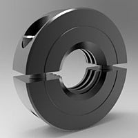 Black oxide steel left-hand ACME threaded shaft collar with two-piece clamp design | 1 1/8-5" Left Hand Steel (Black Oxide) ACME Threaded Shaft Collar - Two-Piece Clamp | 11L102F