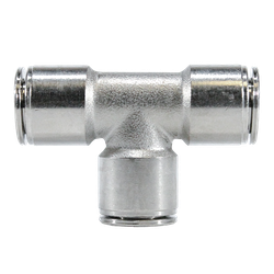 A 10mm PP Nickel Union Tee with a push-to-connect mechanism, all metal, with a nickel-plated finish - 10mm PP Nickel Union Tee All Metal