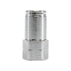 A nickel-plated brass push to connect female adapter with a threaded end and a push-on tubing end - 3/8 x 3/8 Push to Connect Female Adapter All Metal
