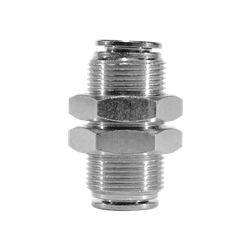 Durable 1/8-inch push-to-connect nickel union bulkhead with all-metal construction for secure irrigation or plumbing connections, 1/8 Push to Connect Nickel Union Bulkhead All Metal.
