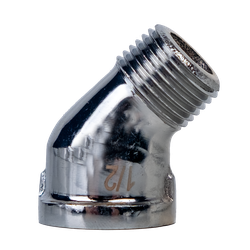 A 1/2 inch chrome lead-free 45° street elbow, highlighting its polished finish and male-to-female angled design – 1/2 Chrome Lead Free 45 Street Elbow