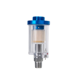 Clear filter housing with blue top and metal components - 1/4 National Pipe Thread Air Line Filter