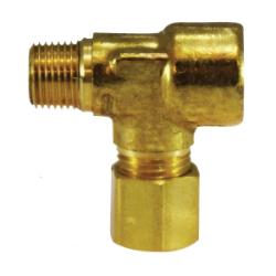 Brass adapter tee fitting with three ports: male NPT pipe thread, female NPT pipe thread, and compression - 76 3/16 x 1/8 Tee