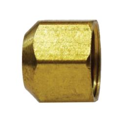 A gold-colored brass flare cap with female flare connections designed for use with hydraulic tubing - 1/4 Heavy-Duty Hex Flared Cap