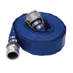 Heavy-duty 6-inch by 100-foot blue layflat hose equipped with C and E camlock fittings for secure high-flow water transfer – 6" x 100' Blue Layflat + C(Female Coupler)&E(Male Adapter) Camlock
