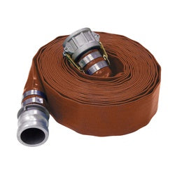 Durable 2-inch by 50-foot brown layflat hose equipped with C and E camlock fittings for secure and efficient water transfer – 2 x 50 Brown Lay Flat + C + E Camlock