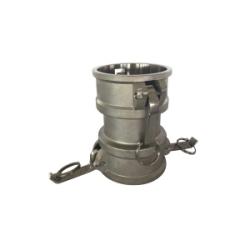A stainless steel spool with cam and groove, showing two ring handles for lifting. - 2 x 3 Part D Stainless 316 Spool Coupler