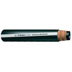 A black Fracline oilfield hose with a label — 4 Fracline Oilfield Hose 400 Pounds per Square Inch 100' Roll
