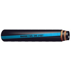 Black fuel hose with blue stripe and 'Marine Fuel SAE J1927' text - 2-1/4" Fuel Fill Hard Marine Hose