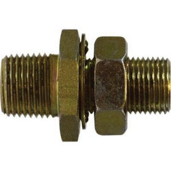 Brass bulkhead fitting for connecting pipes with different thread sizes.
1/4" Female Pipe Thread x 1/2" Male Pipe Thread Brass Bulkhead