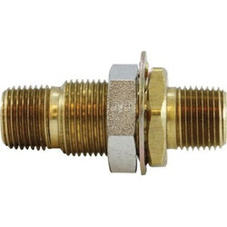 Durable brass connector with FPT and MPT ends plus securing nut — 1/4 FPT x 1/2 MPT Brass Bulkhead and Nut