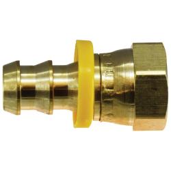 Brass hose fitting with yellow compression ring - 1/4 x 1/4 Grip-on Hose Barbed to 45/37 Female Swivel Connector