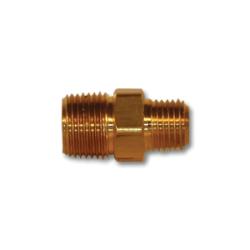 Brass Hex Nipple, used to connect two threaded fittings while providing a hexagonal center section for easy tightening - 1/4 Male Pipe Thread x 1/8 Male Pipe Thread Lead-Free Hex Nipple