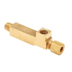 Compact tee fitting for male and female pipe thread connections — 1/8 Male Pipe Thread x 1/8 Female Pipe Thread x 1/8 Outer Diameter