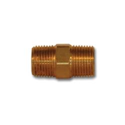 Brass Hex Nipple, used to connect two threaded fittings while providing a hexagonal center section for easy tightening - 3/8 Male Pipe Thread x 1/8 Male Pipe Thread Lead-Free Hex Nipple