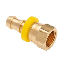 Brass metal hose fitting designed for strong, angled push-on connections – 3/4 Hose Inner Diameter x 3/4 Female Society of Automotive Engineers 45 Degree Push-On.