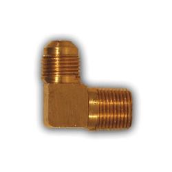 Brass 90-degree Elbow, used to create a right-angle transition between flared tubing and a threaded pipe port - 3/8 Outer Diameter x 3/8 Male Pipe Thread Lead-Free Brass Flare Elbow