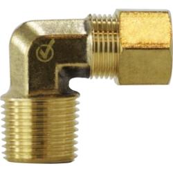 Brass Barstock 90-degree Elbow, used to create a right-angle transition between OD tubing and a threaded port - 3/8 Outer Diameter x 1/8 Male Pipe Thread Lead-Free Barstock Compression Elbow