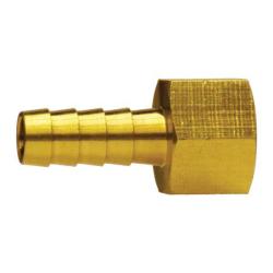 A gold-colored brass hose barb fitting with a hexagonal body designed for plumbing applications - 129F 1/4 x 1/4 Hose Barb 5/8 Hex