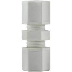 Durable polypropylene reducing compression union from 1/2 to 3/8 tubing.