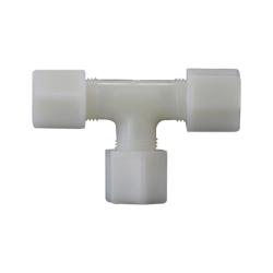 Precision 1/4 polypropylene compression fitting tee for leak-free connections.