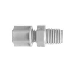 White nylon plumbing adapter for compression to MIP connections – 1/2 x 1/2 Compression x Male Iron Pipe Adapter.