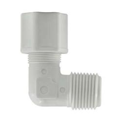 Polypropylene connector for compression to MIP plumbing connections – 1/4 x 3/8 Compression x Male Iron Pipe Connector.