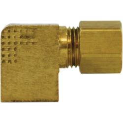 A gold-colored brass female iron pipe elbow fitting with a compression connection. - 1/4 Compression x 1/4 Female Iron Pipe Barstock Elbow