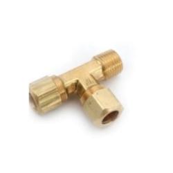 A brass run tee plumbing fitting with male threads on the branches and a compression fitting on the main stem - Lead-Free 771 1/4 x 1/8 Run Tee
