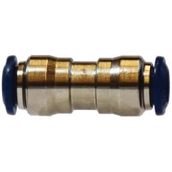 A nickel-plated brass push-in union fitting with black end caps. - 1/4 Push-In Union Nickel-Plated