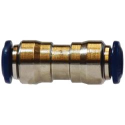 A nickel-plated brass push-in union fitting with blue push-to-connect connectors on both ends - 3/8 x 1/4 Push-In Union Nickel-Plated