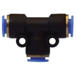 A black Push-In Union Composite Tee fitting with blue accents, typically used in pneumatic or hydraulic systems - 5/32 x 1/4 Plastic Polypropylene Union Tee
