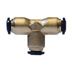 A nickel-plated brass Push-In Union Tee with black push-in connections - 1/4 Push-In Union Tee Nickel-Plated