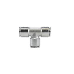 Precision-machined all-metal T-shaped union tee featuring corrosion-resistant nickel plating for PP tubing – 3/8 PP Stainless Steel Union Tee