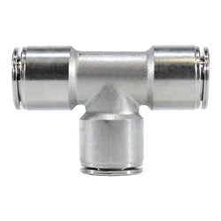 Precision-machined all-metal T-shaped union tee featuring corrosion-resistant nickel plating for PP tubing – 1/4 PP Stainless Steel Union Tee