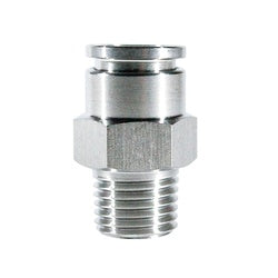 Sturdy stainless steel male connector with a push-in port and a threaded outlet – 3/8 x 3/8 Push-In Stainless Steel Male Connector
