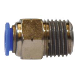 Compact chemical-resistant polypropylene male connector with threaded end – 1/8 x 1/16 Plastic Polypropylene Male Connector.