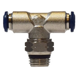 Threaded swivel brass tee adapter for pneumatic or fluid lines - 1/2 x 3/8 Push-In x Male Iron Pipe Swivel Branch Tee Nickel Plated