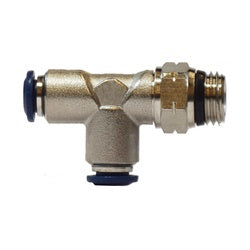 A single ferrule swivel run tee featuring a 1/8-inch tube connection with a 1/4-inch male threaded branch for secure inline system routing – Single Ferrule Swivel Run Tee 1/8 Tube x 1/4 Male