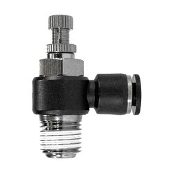 A black male iron pipe angle valve with a push-in connection to male NPT thread - 1/4 x 1/8 Push-In X Male Iron Pipe Angle Valve Meter Out