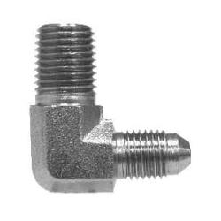 Precision machined male joint and 90° elbow restrictor for smooth and controlled piping – 7/16-20 x 1/4 Male Joint Industry Council x Male Iron Pipe 90° Elbow Restrictor