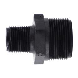 Hex-shaped polypropylene reducing nipple, male threaded on both ends 2 x 1-1/4 Polypropylene Reducing Hexagonal Nipple