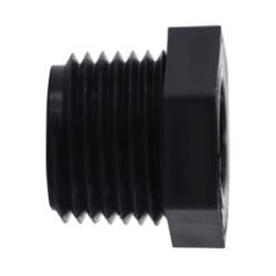 A black polypropylene bushing with a hexagonal shape, threaded connections, commonly used in plumbing — 1-1/4 x 1/2 Polypropylene Bushing