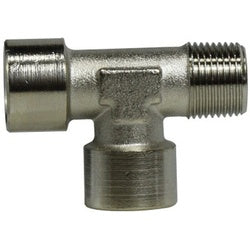 Nickel-plated brass run tee with 1/8 inch female BSPP and male BSPT threads – 1/8 Female BSPP x Male BSPT Nickel-Plated Run Tee