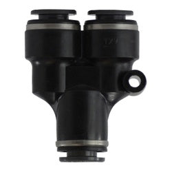 A black Push-In Y Composite fitting typically used in pneumatic systems. - 5/8 Plastic PP DOT Union Y