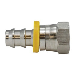 A stainless steel hose barbed adapter with female JIC swivel - 1/4 x 1/4 Stainless Steel Push-On Hose Barb x Female 45/37 Flare Swivel