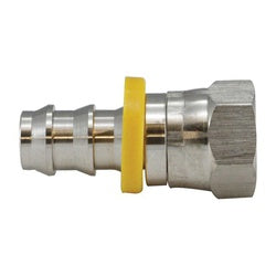 A stainless steel hose barbed adapter with female JIC swivel - 1/2 x 1/2 Stainless Steel Push-On Hose Barb x Female 45/37 Flare Swivel