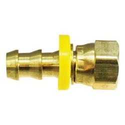 A brass hose barbed adapter with female JIC swivel - 1/2 x 3/8 Grip-On Hose Barb to Joint Industry Council Female Swivel