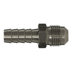 A stainless steel adapter with a barbed end and flared fitting end, typically used for connecting hoses to fittings. - 3/8 Barb x 3/8 Flare Stainless Steel Adapter