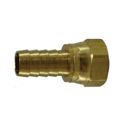 A brass barbed fitting, typically used for creating secure connections in fluid and fuel transfer systems - 5/8 x 5/8 Hose Barb x Female Flare Swivel